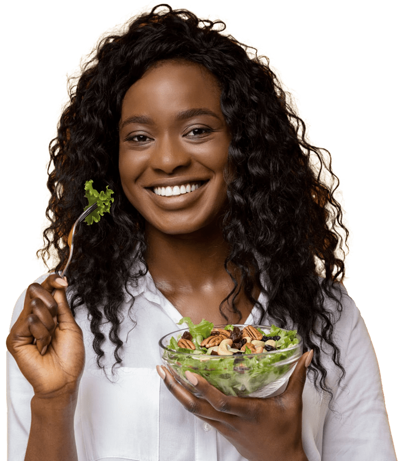 Woman eating Modern Mill on a salad